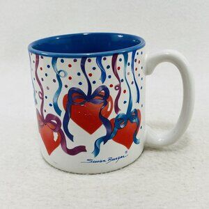 Vintage 1991 FIB Susan Burger Mug Red Heart Blue Ribbon Valentine Love Balloon